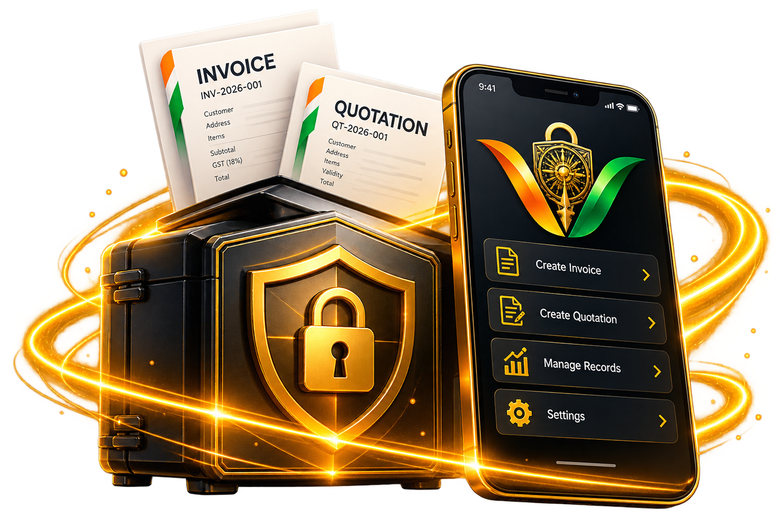 VandeVault app with invoice and quotation documents secured in a digital vault